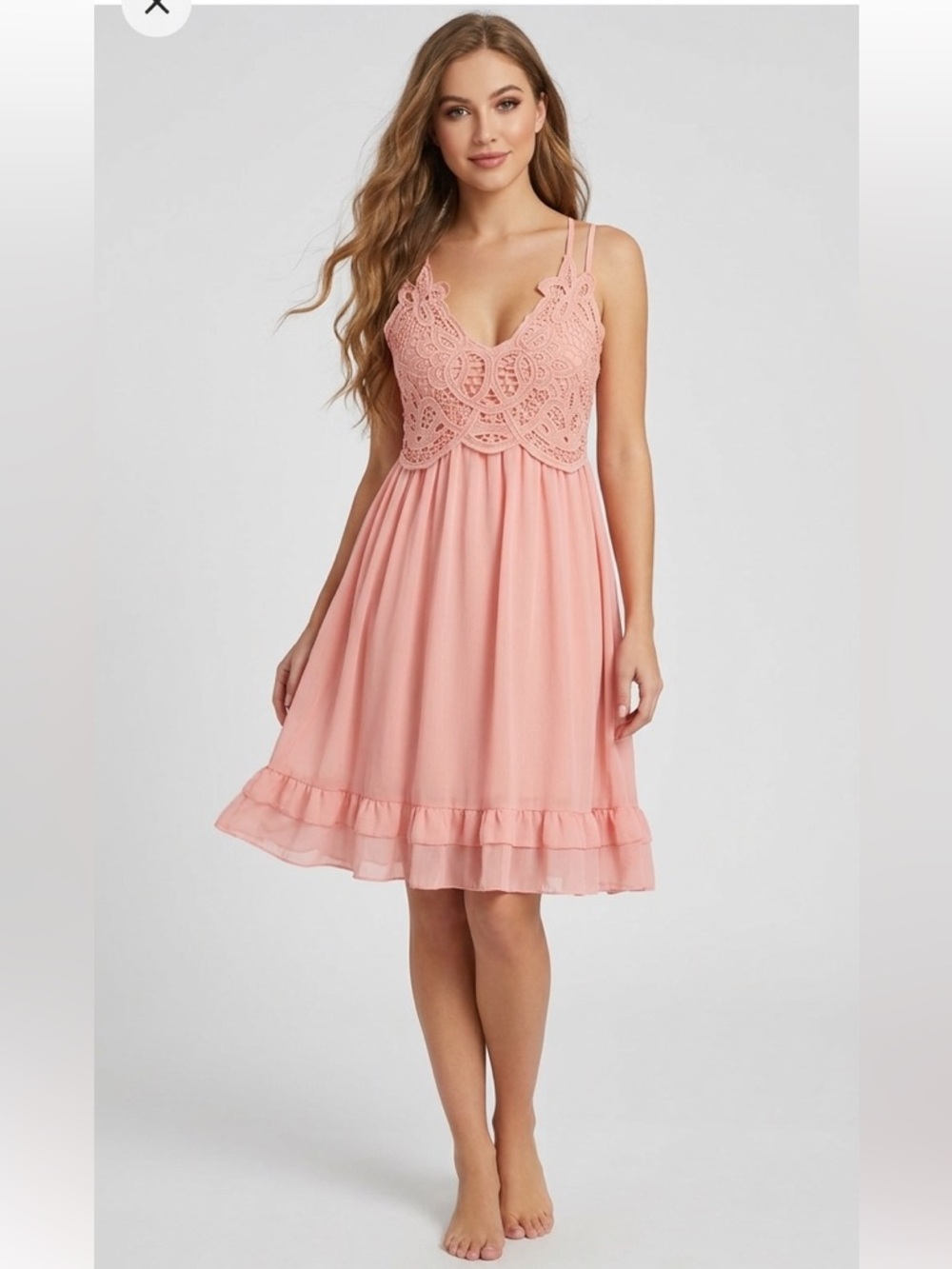 Feager Pink Boho Mini Dress Small Lace Crochet Bodice Smocked Back Ruffle Hem